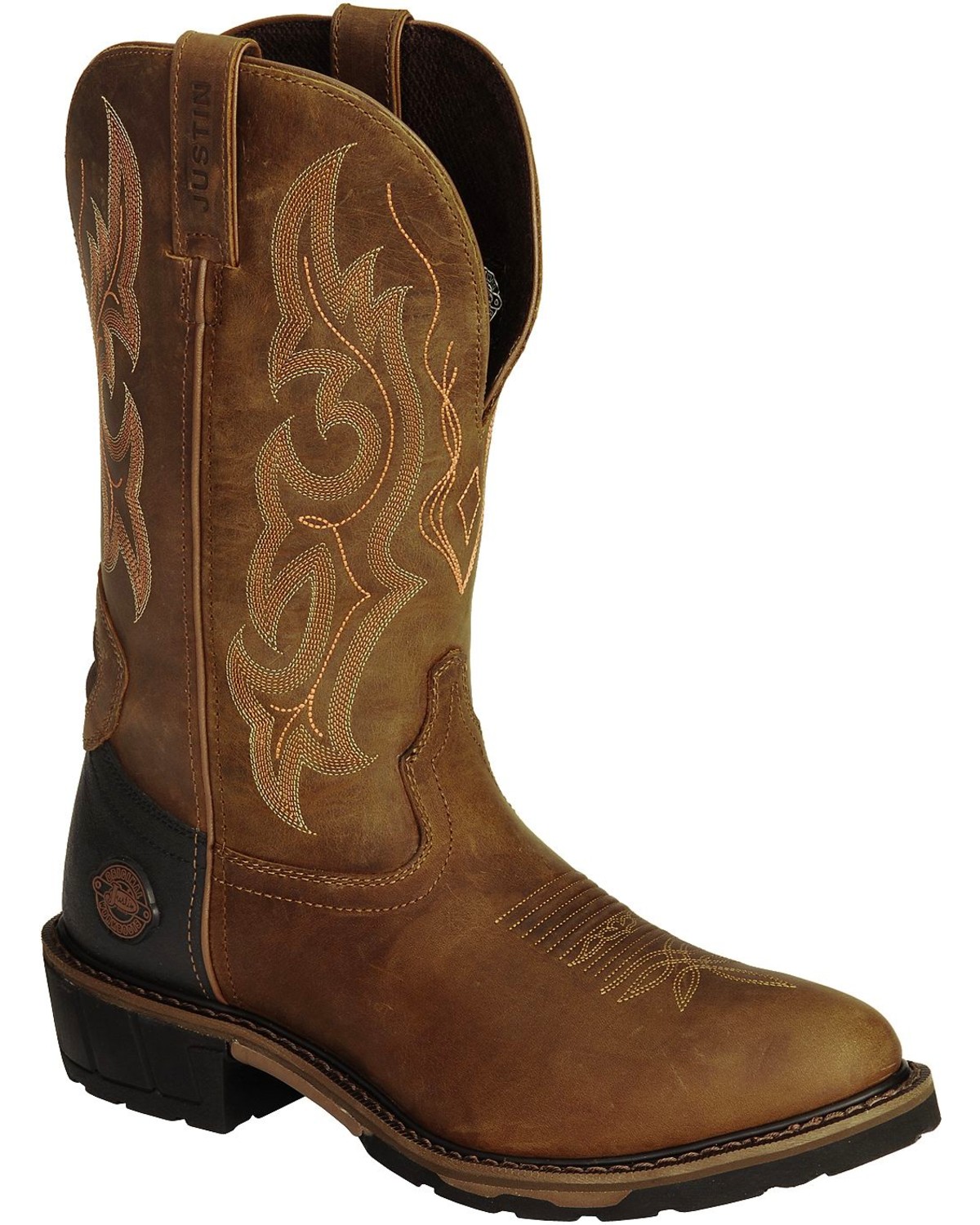 justin men's axe tan mahogany round toe work boot