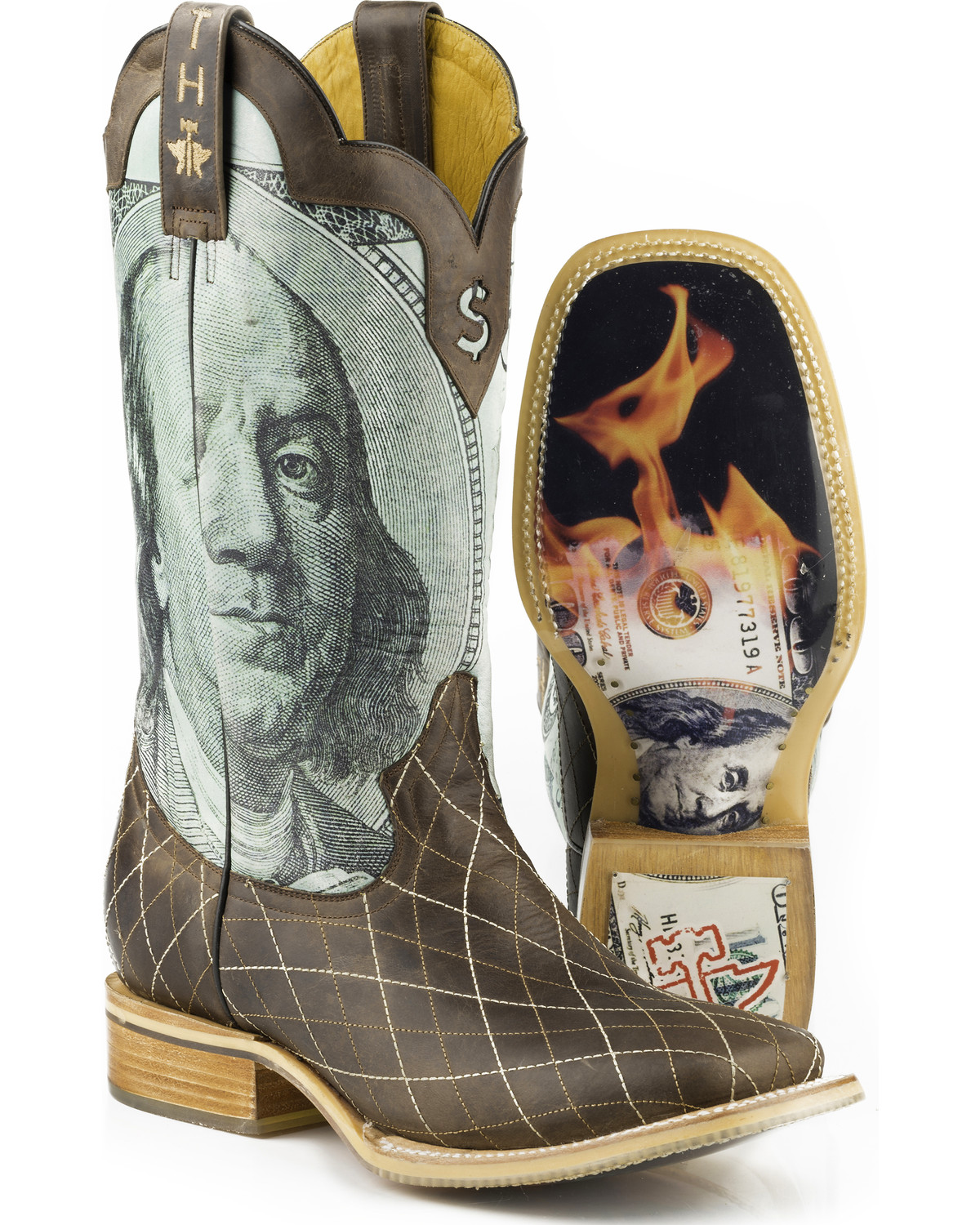 Tin Haul Men's Money to Burn with Hundred Dollar Bill Sole Cowboy Boots