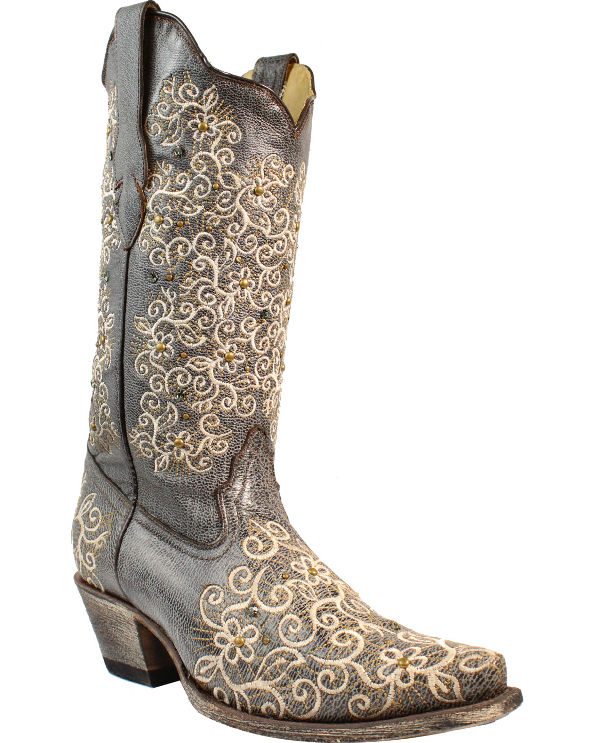 Corral Women's Grey Floral Embroidered Studs & Crystals Cowgirl Boots
