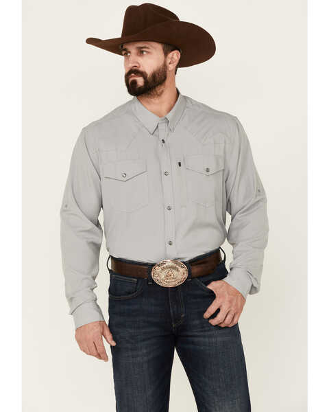 RANK 45® Men's Roughie Performance Long Sleeve Snap Solid Western Shirt , Grey, hi-res