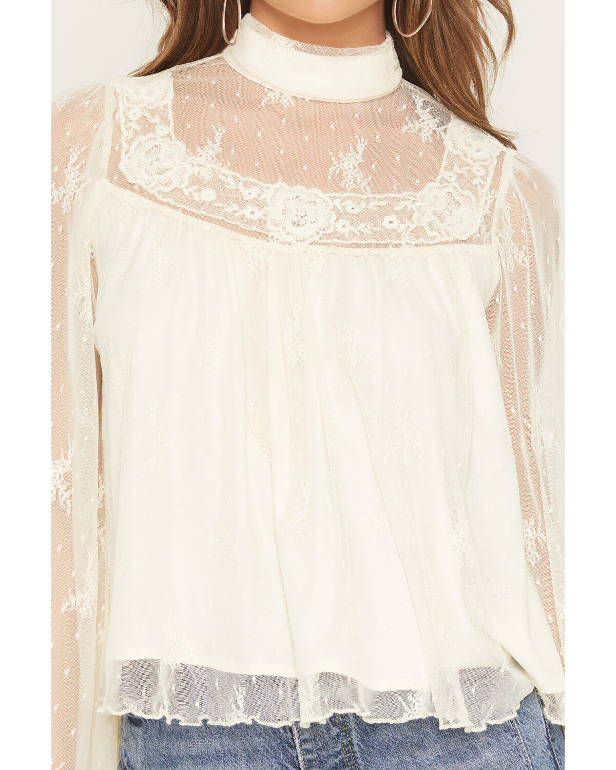 By Together Women's Mock Neck Lace Long Sleeve Top