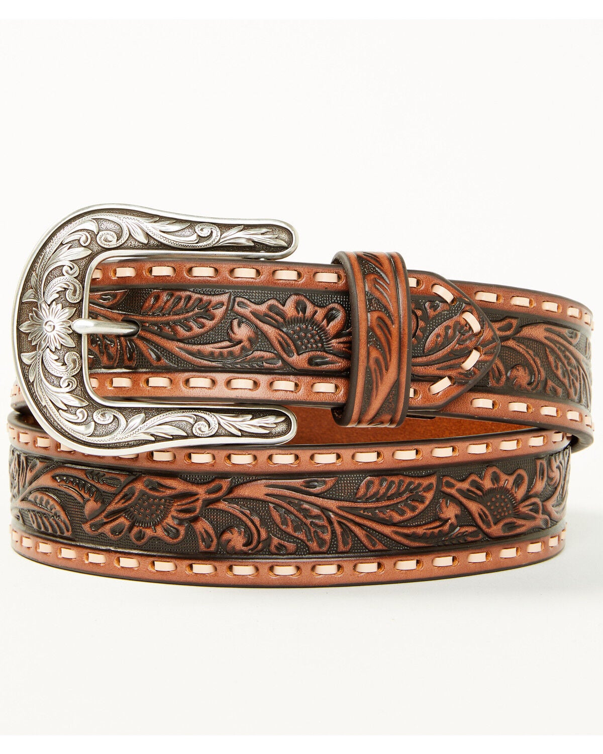 Shyanne Women's Floral Whip Stitch Belt, Brown, hi-res