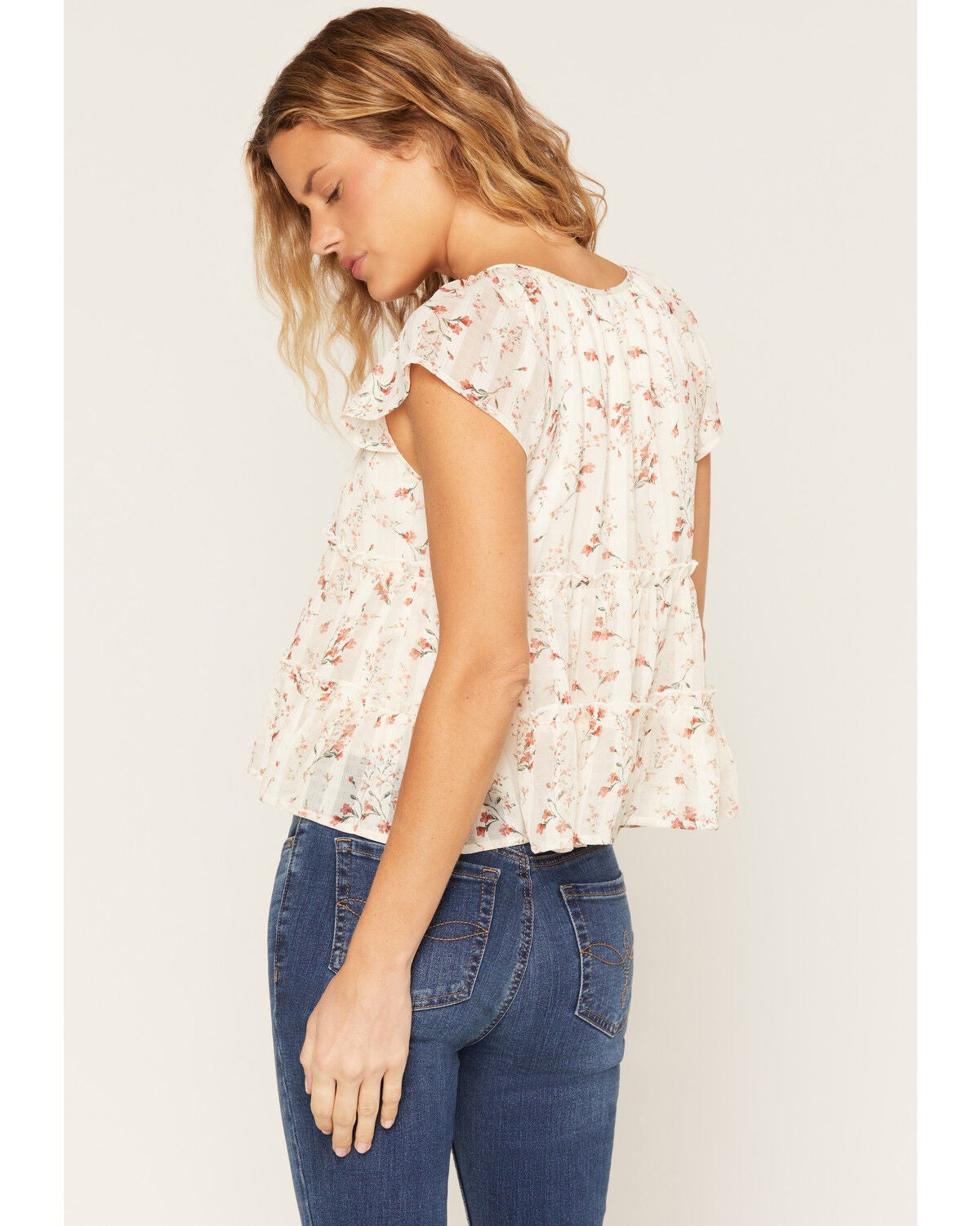 Image #4 - Ash & Violet Women's Boot Barn Exclusive Floral Print Tie Front Tiered Blouse, Ivory, hi-res