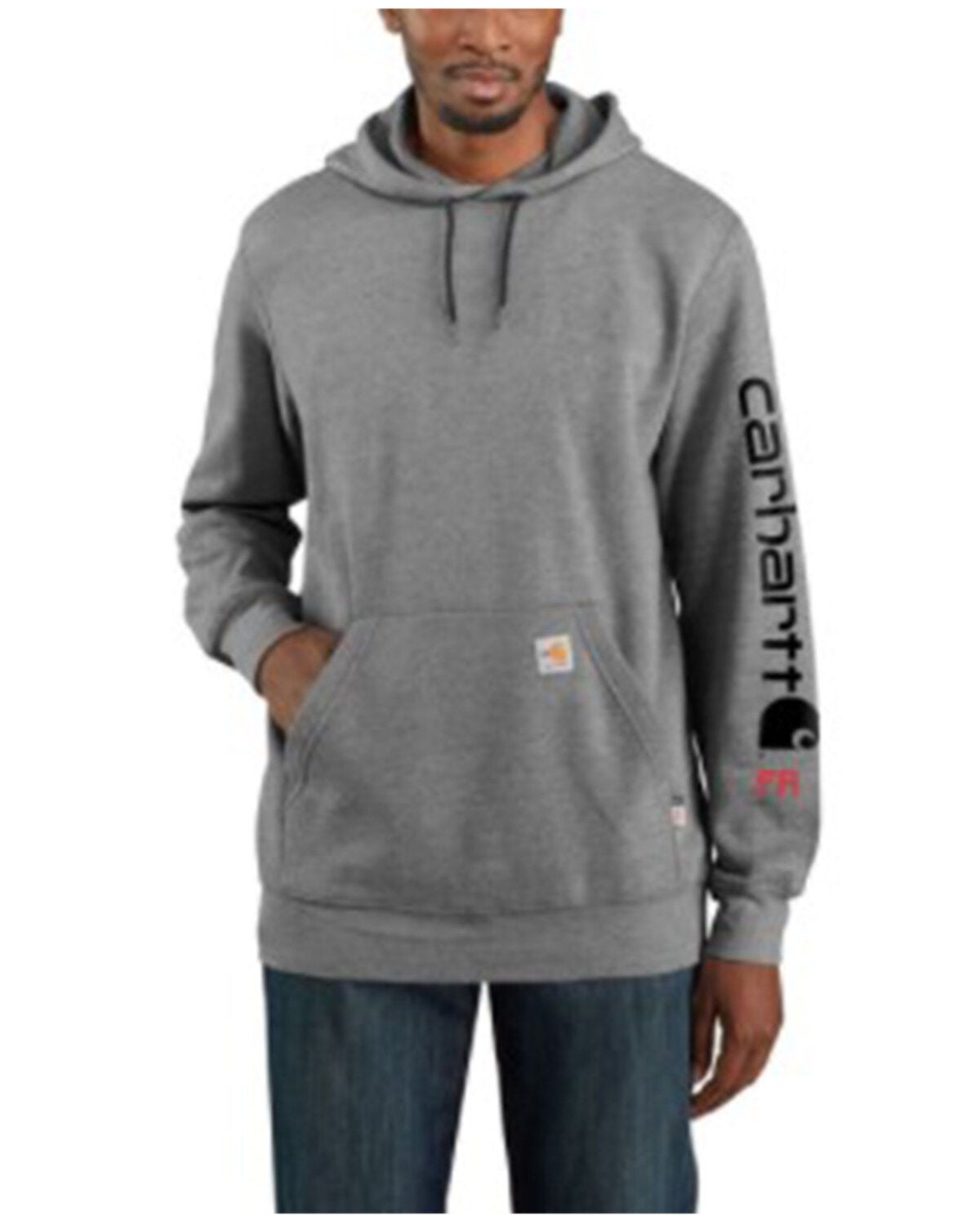Carhartt Men's FR Solid Force Midweight Signature Logo Hooded Work Sweatshirt, Grey, hi-res