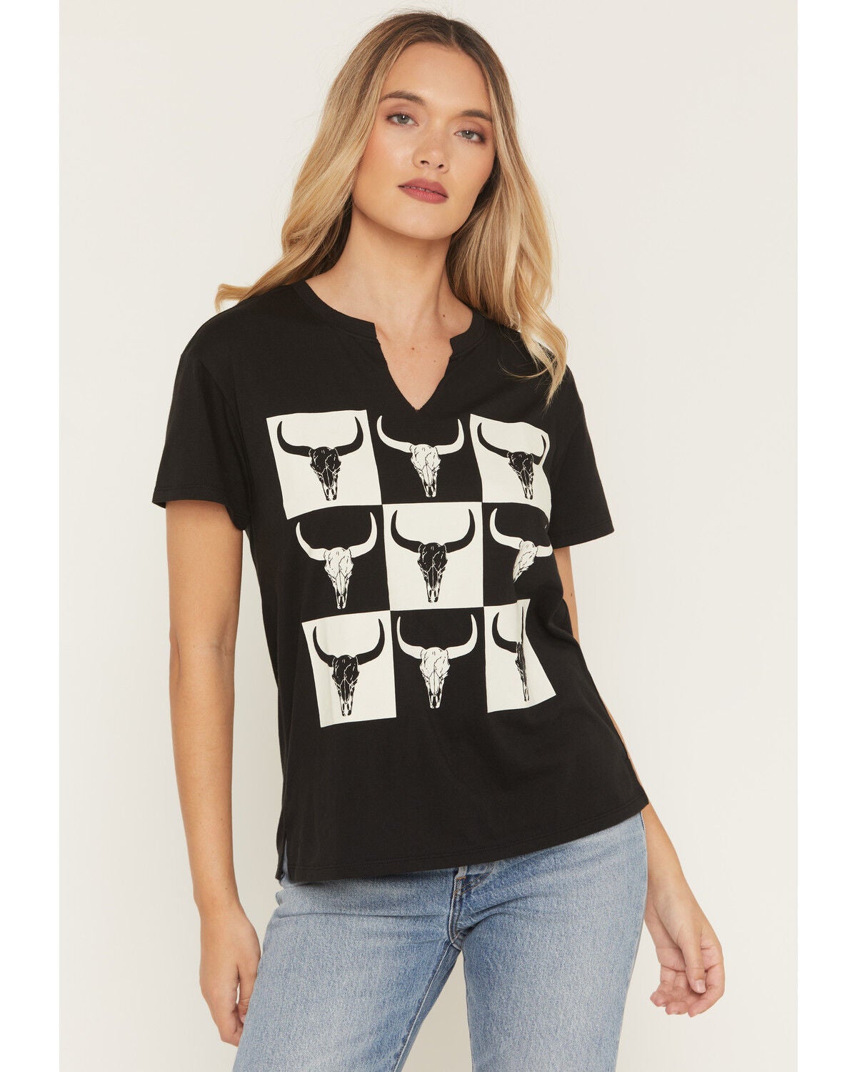 Image #1 - Blended Women's Steer Head Checkerboard Short Sleeve Graphic Tee, White, hi-res