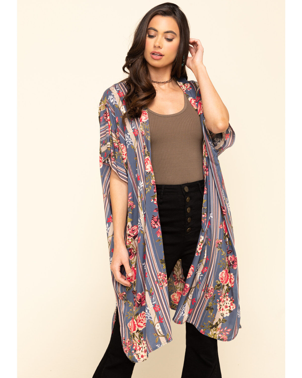 Image #1 - Angie Women's Stripe Floral Challis Kimono, , hi-res