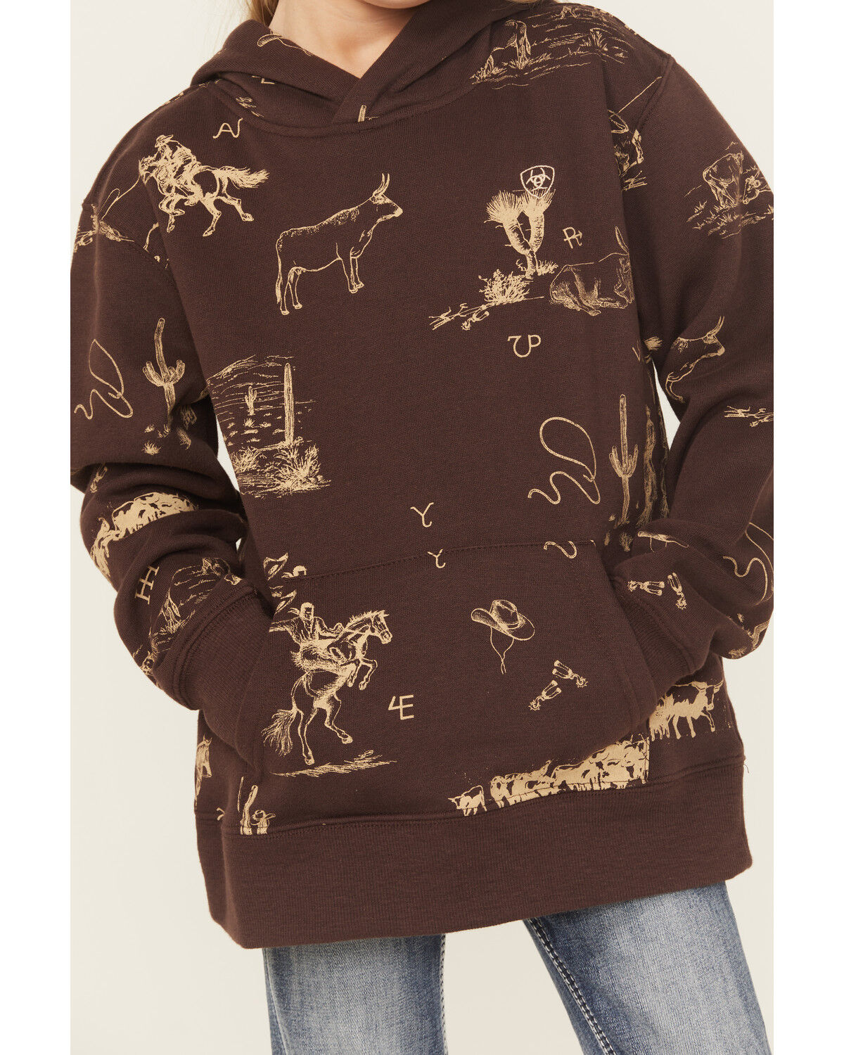 Image #3 - Ariat Girls' Ranch Scene Hoodie, Brown, hi-res