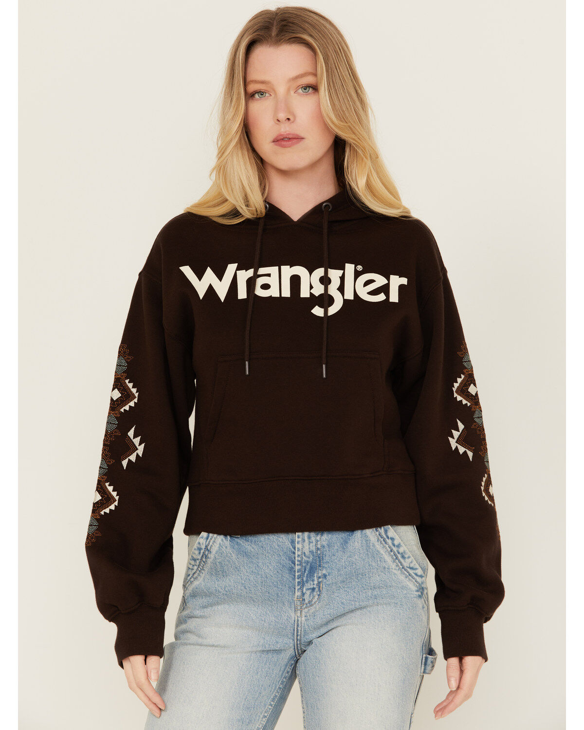 Image #1 - Wrangler Retro Women's Southwestern Sleeve Logo Hoodie, , hi-res