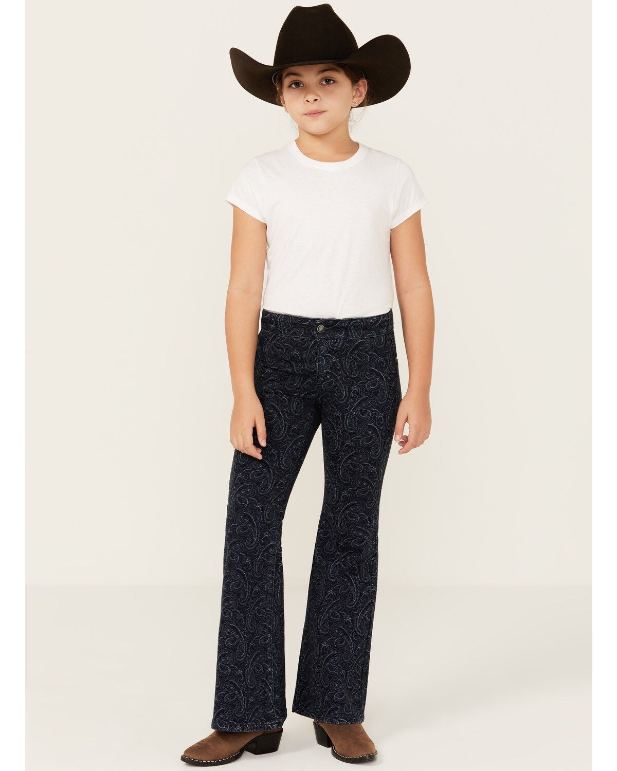 Rock & Roll Denim Girls' Dark Wash Paisley Print Button Stretch Flare Jeans, Blue, hi-res
