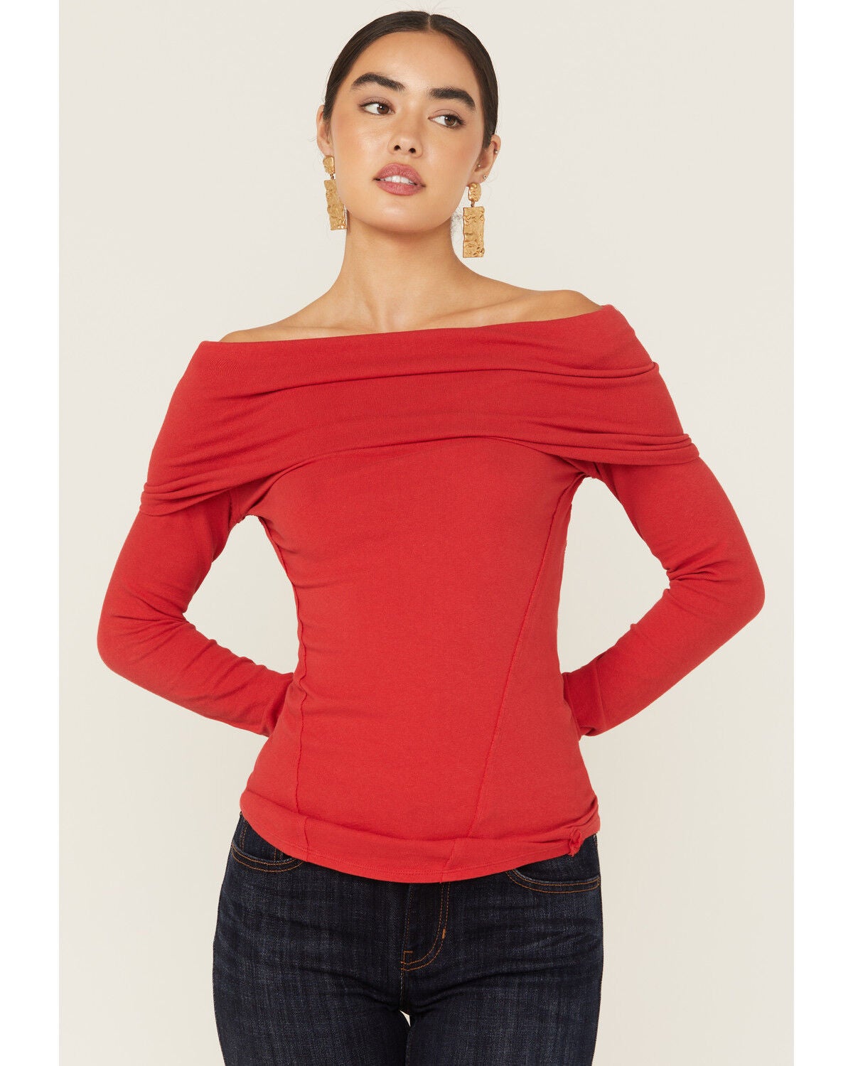 Free People Women's Iris Layering Off The Shoulder Long Sleeve Shirt, Red, hi-res