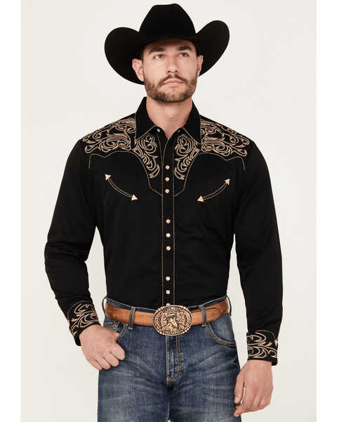 Scully Men's Embroidered Scroll Long Sleeve Snap Western Shirt, Black