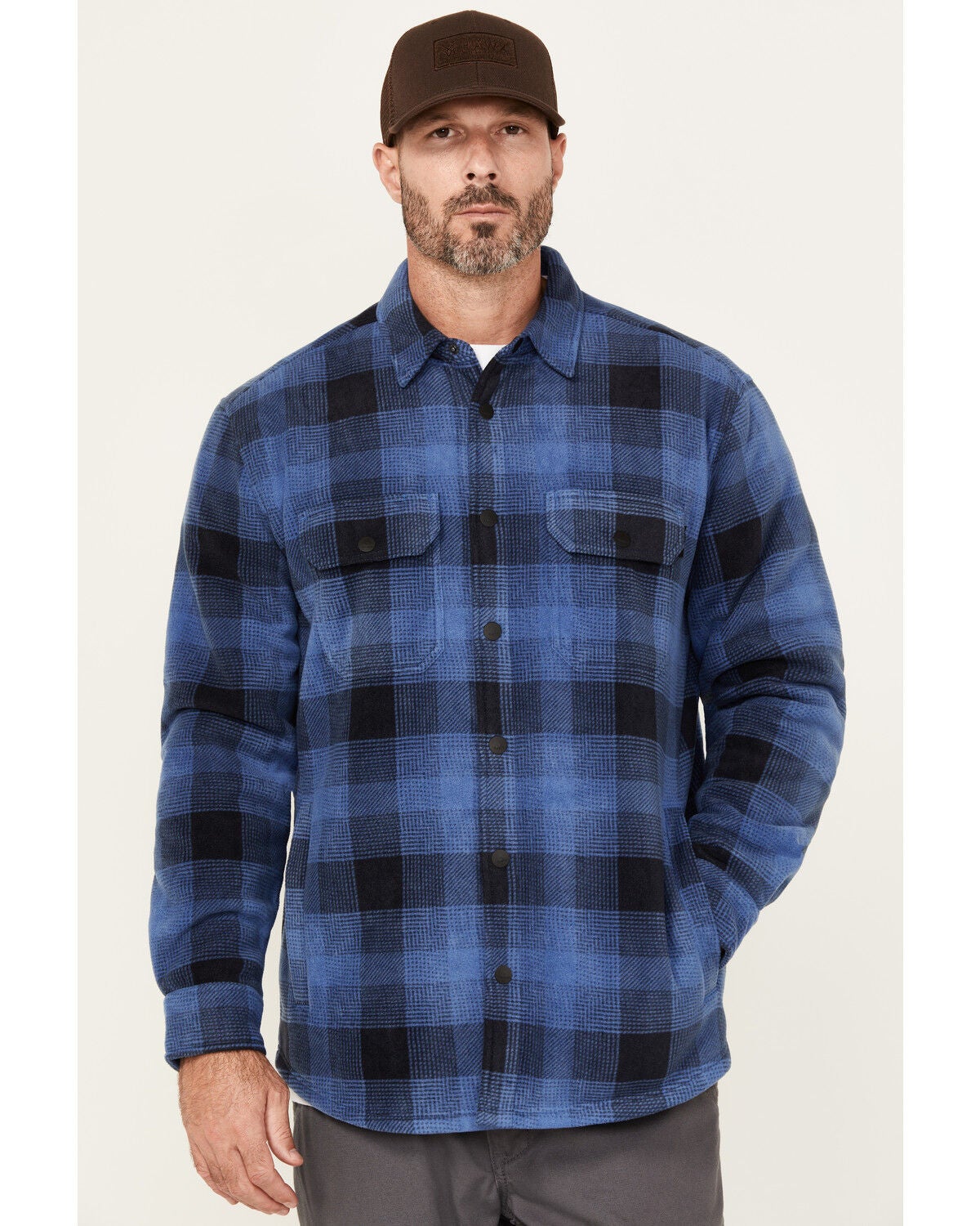 Hawx Men's Ainsley Plaid Print Long Sleeve Snap Polar Fleece Shirt Jacket, Navy, hi-res