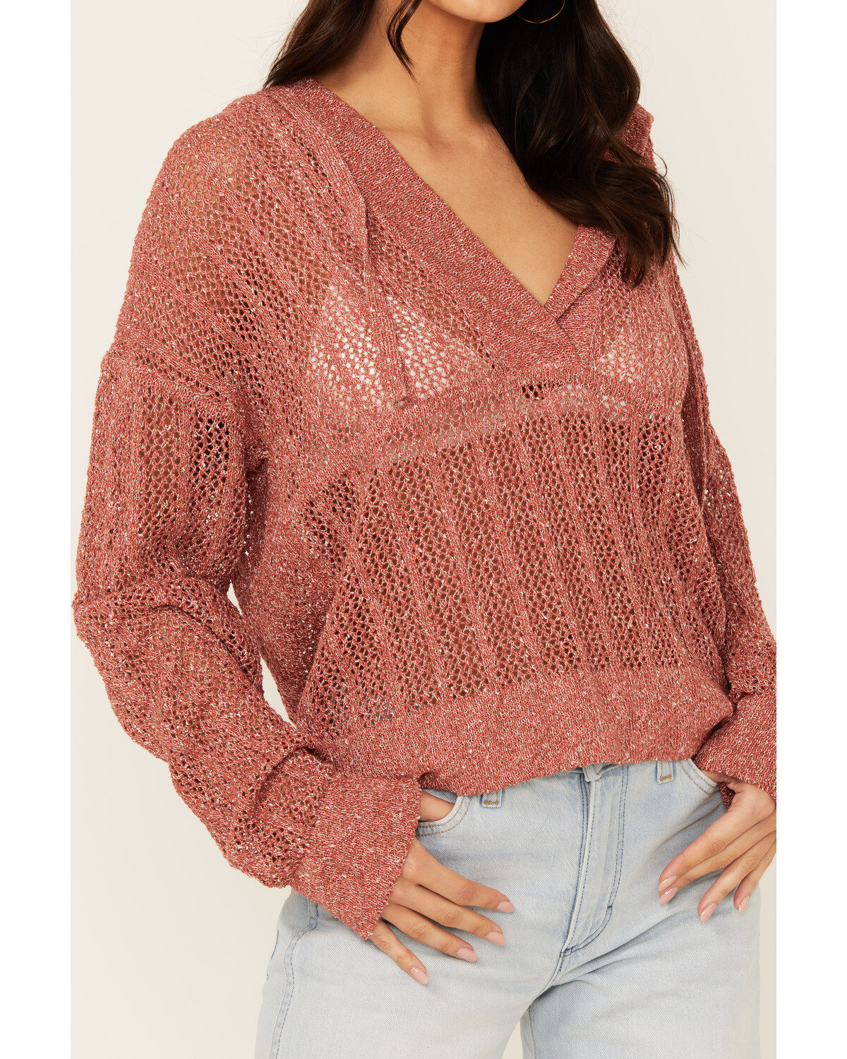 Image #3 - Cleo + Wolf Women's Blythe Deep V Weave Hooded Pullover, Peach, hi-res