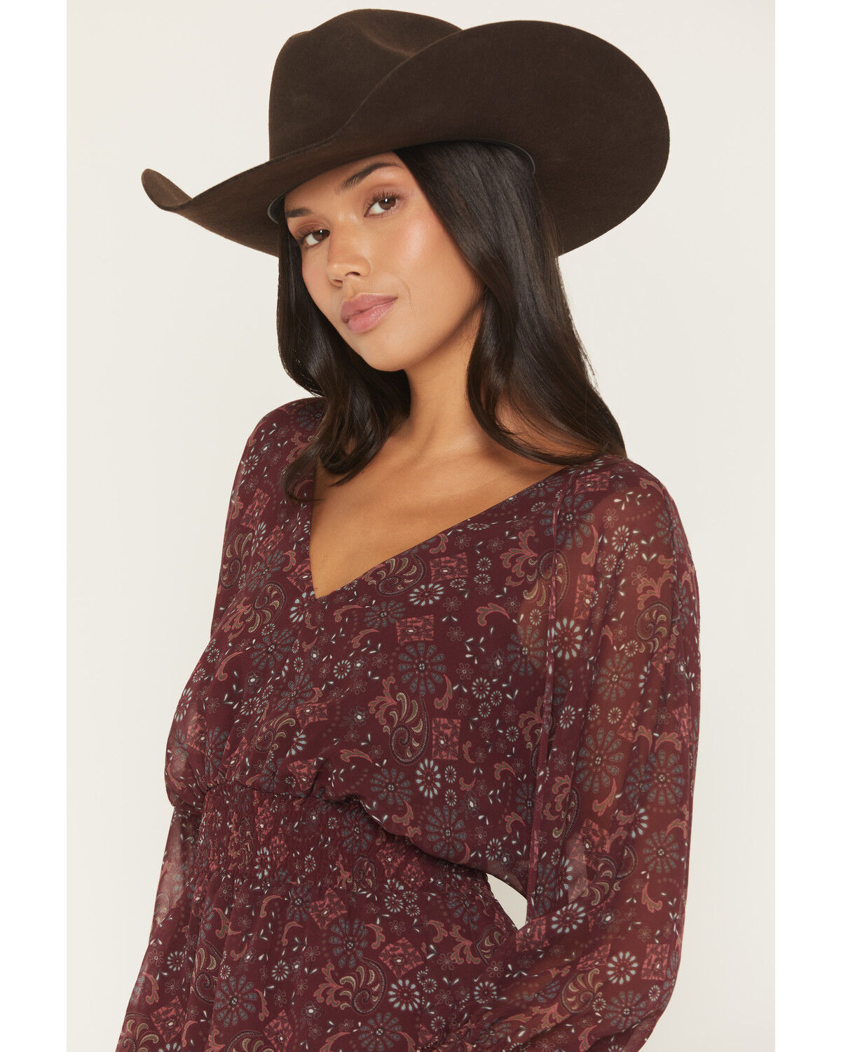 Image #2 - Shyanne Women's Roice Printed Chiffon Smocked Waist Top, Brick Red, hi-res