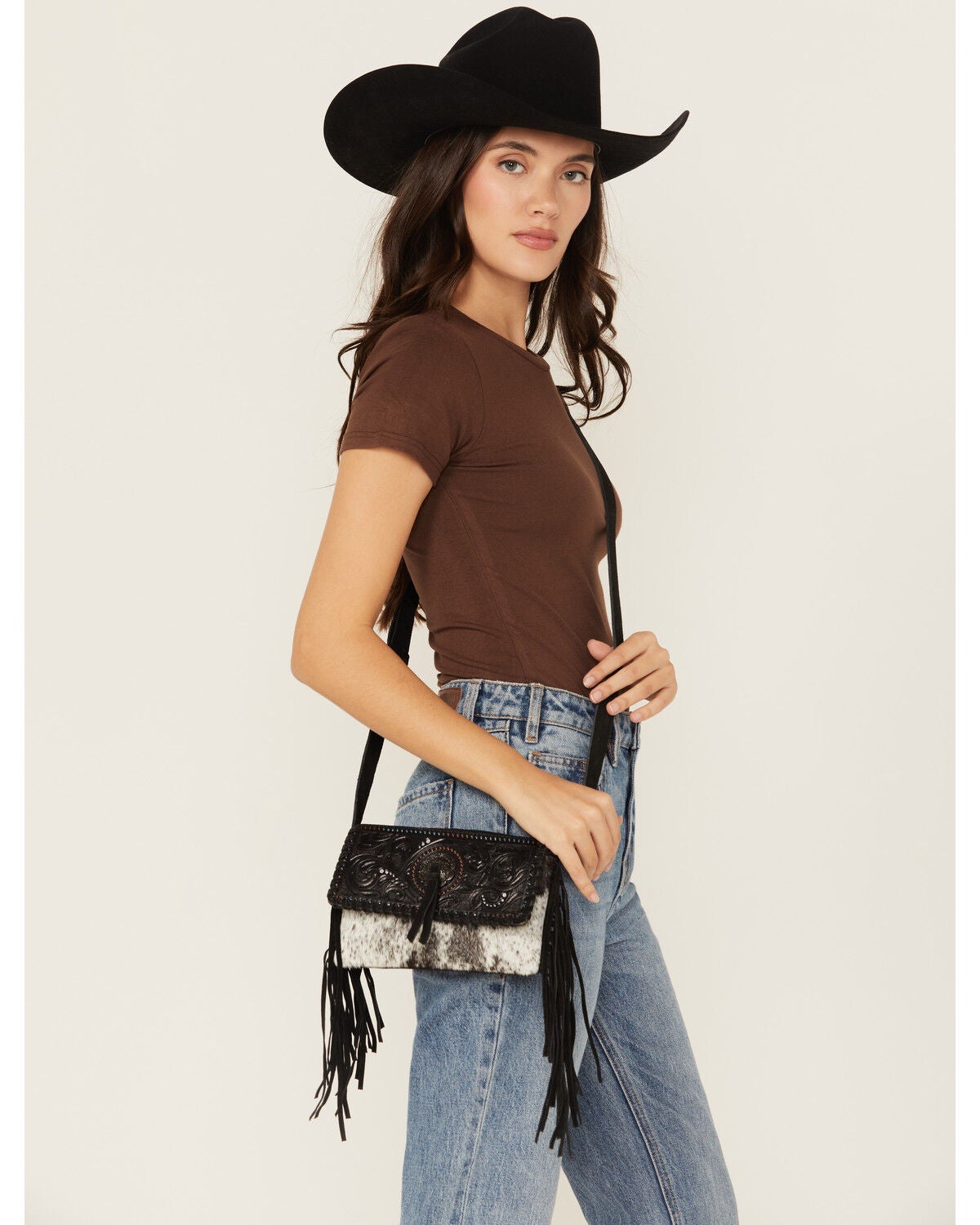 Shyanne Women's Cassidy Hair-On Tooled Leather Crossbody, Black, hi-res