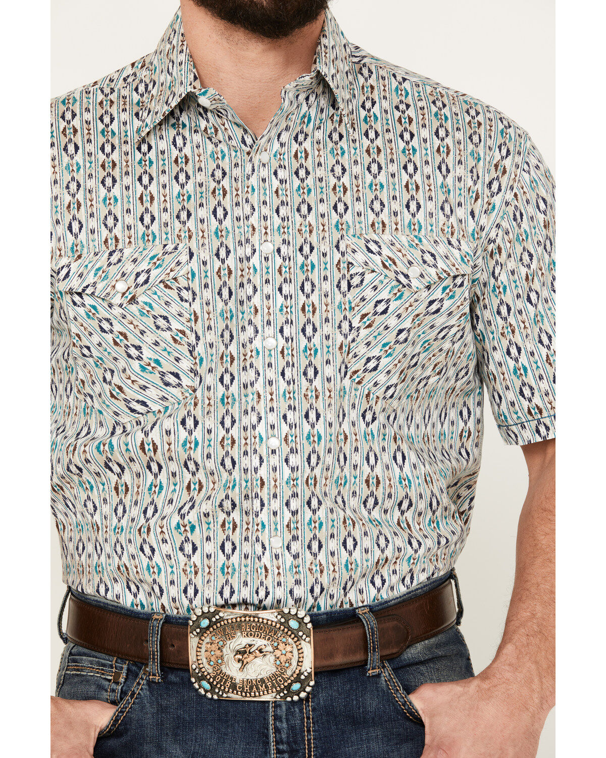 Image #3 - Rough Stock by Panhandle Men's Distressed Southwestern Short Sleeve Stretch Western Pearl Snap Shirt, , hi-res