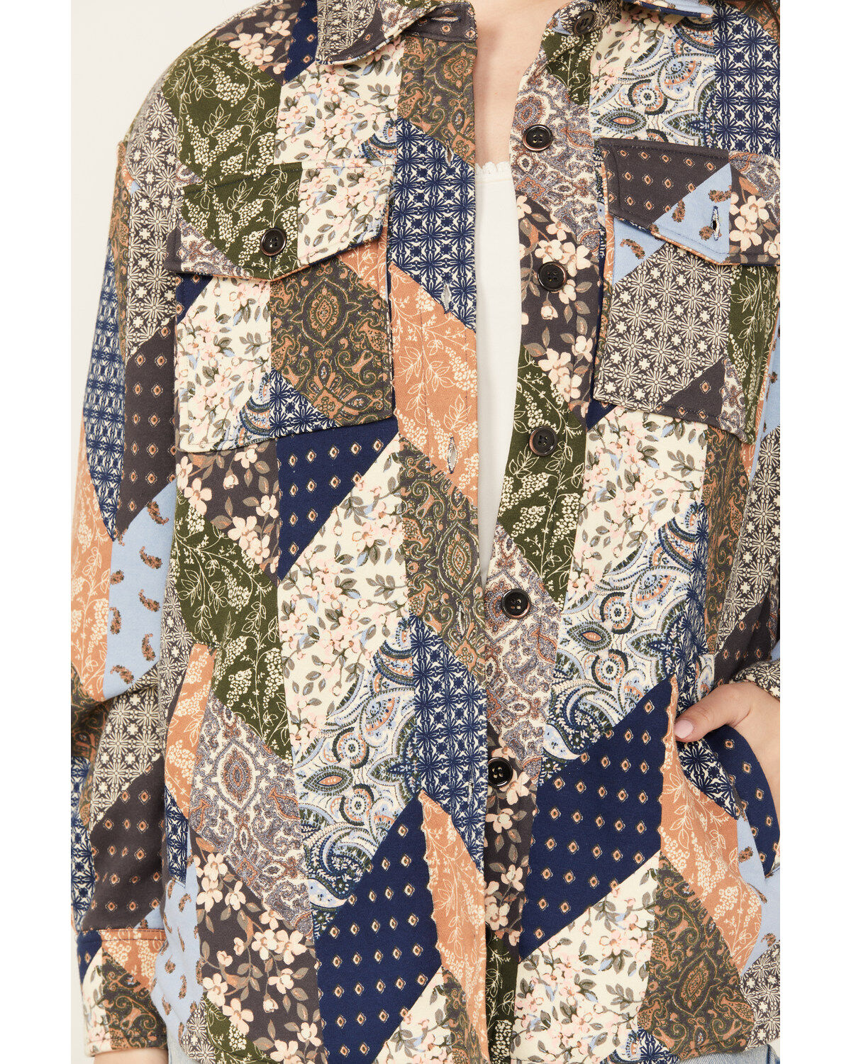 Image #3 - Cleo + Wolf Women's Patchwork Printed Shacket, Indigo, hi-res
