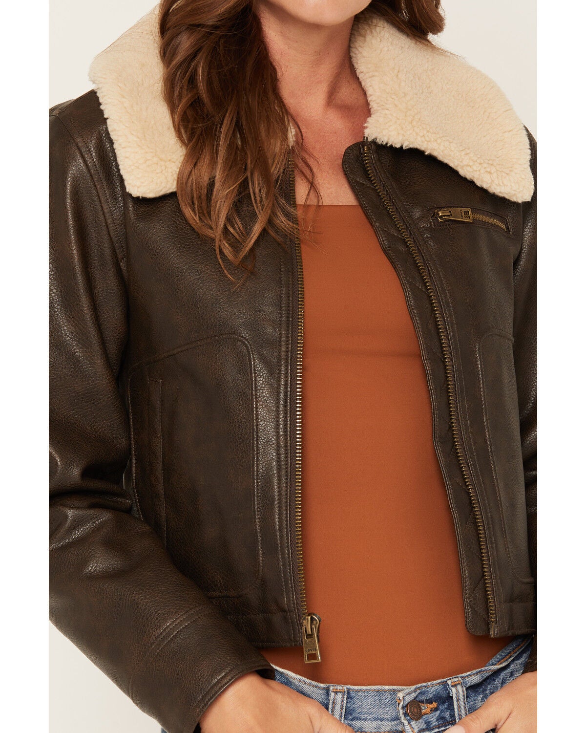 Image #3 - Levi's Women's Sherpa Collar Faux Leather Jacket, Brown, hi-res