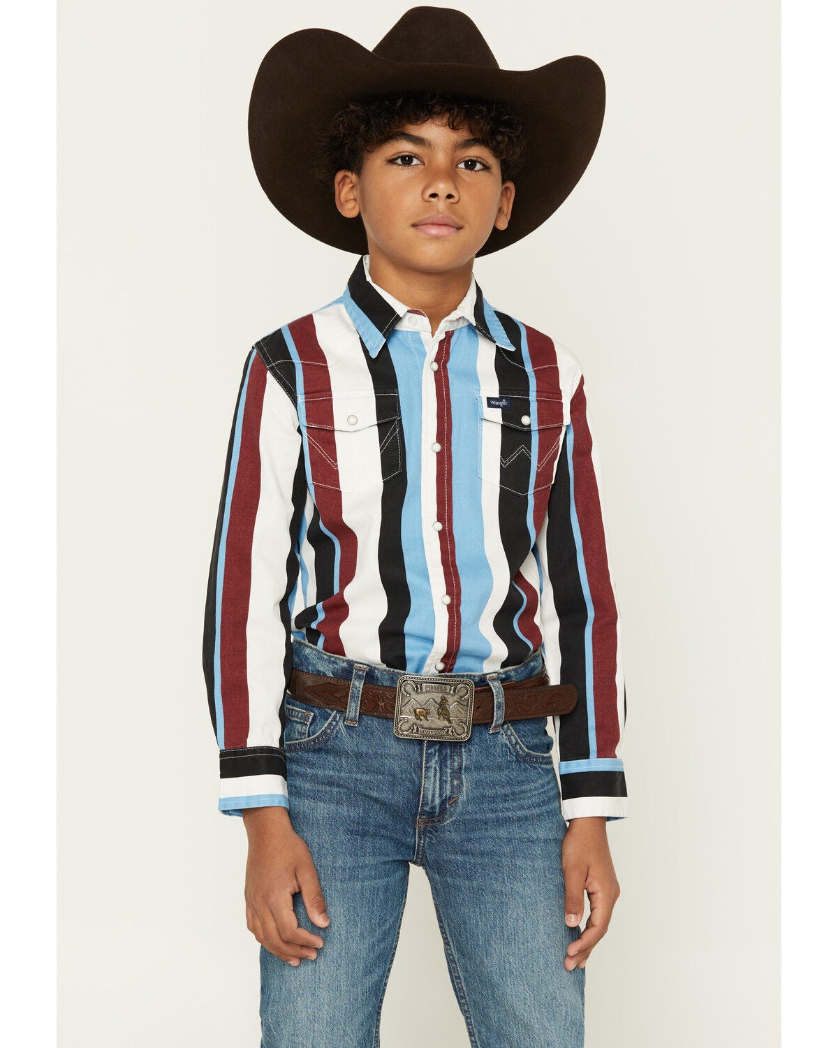 Wrangler Boys' Brushpopper Striped Long Sleeve Pearl Snap Western Shirt, Multi, hi-res
