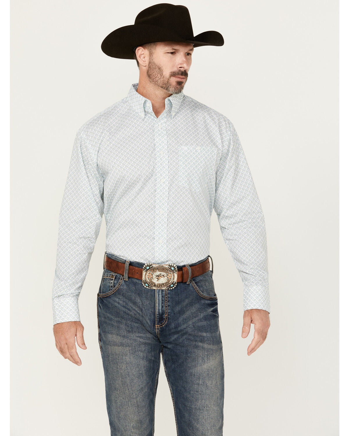 Wrangler Men's Classic Print Long Sleeve Button-Down Western Shirt, White, hi-res