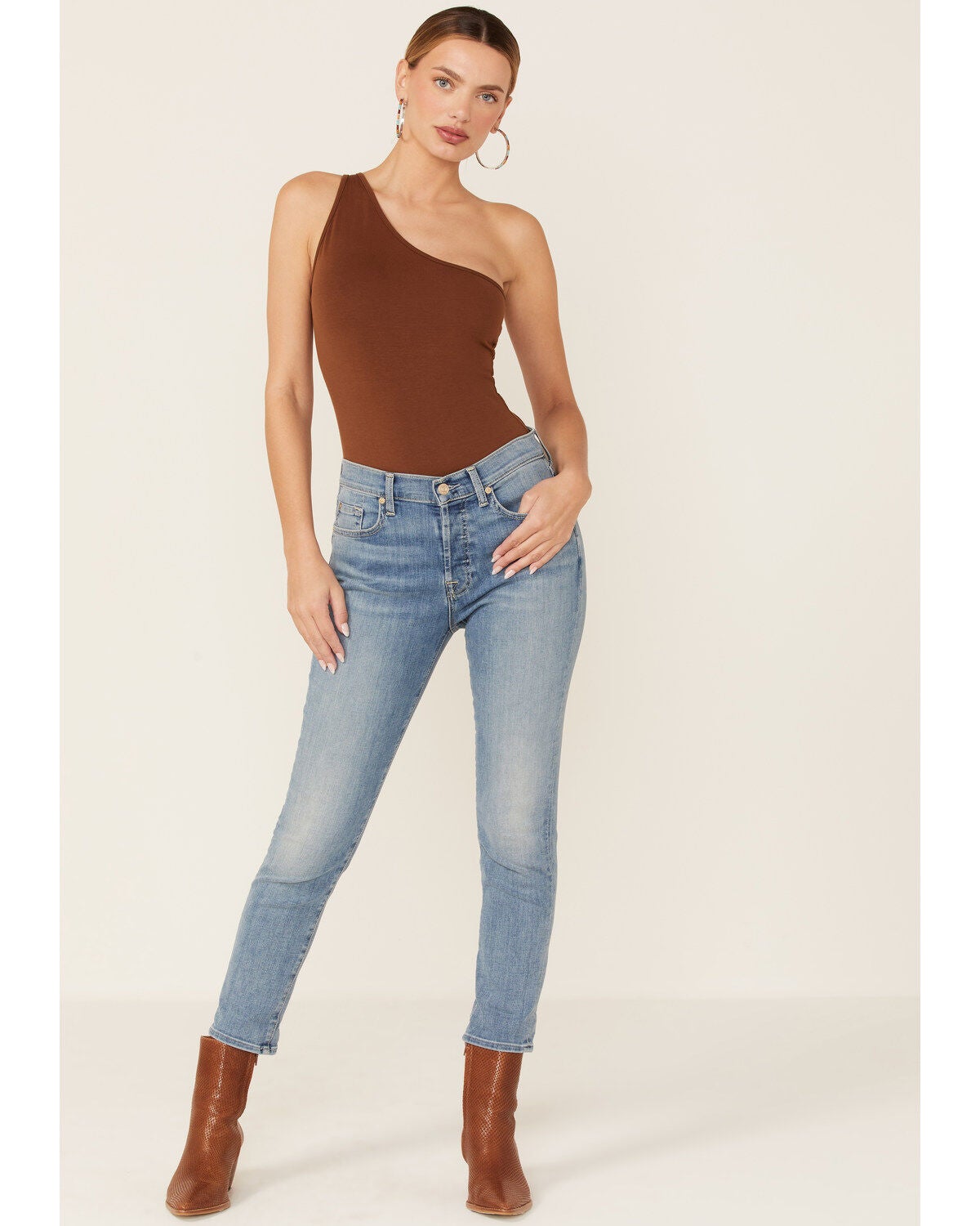 7 For All Mankind Light Wash Mid Rise Crop Skinny Denim Jeans, Blue, hi-res