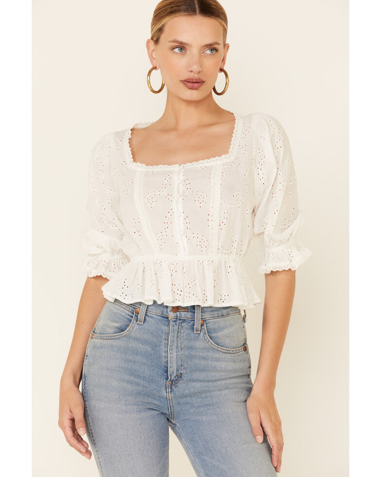 A Collective Story Women's White Eyelet Button-Down 3/4 Sleeve Peasant Top , White, hi-res