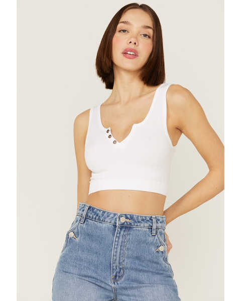 By Together Women's Ribbed Henley Cropped Cami Top, White, hi-res