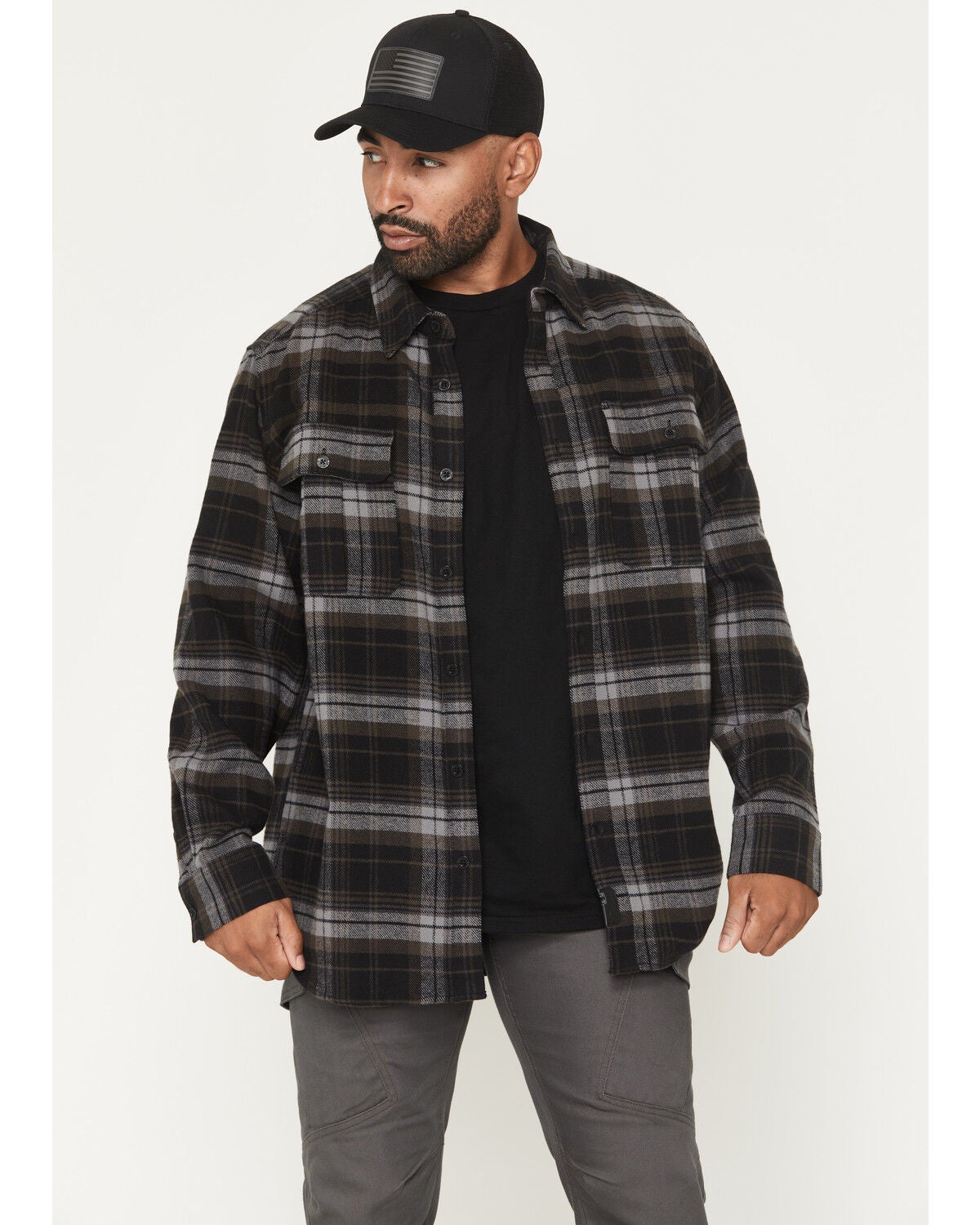 Thorogood Men's Heavyweight Plaid Print Long Sleeve Button-Down Flannel Shirt, Black, hi-res