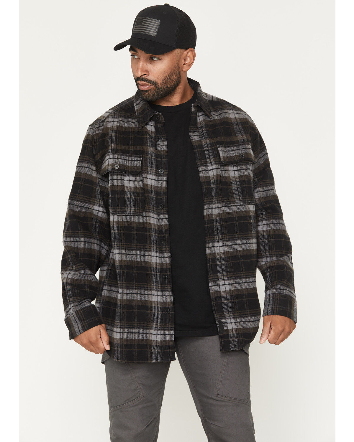 Image #1 - Thorogood Men's Heavyweight Plaid Print Long Sleeve Button-Down Flannel Shirt, Black, hi-res