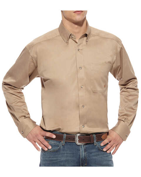 Image #1 - Ariat Men's Solid Khaki Twill Long Sleeve Western Shirt - Big & Tall, Khaki, hi-res