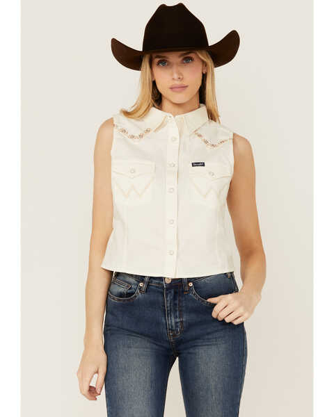 Wrangler Retro Women's Embroidered Sleeveless Snap Western Shirt , Cream, hi-res