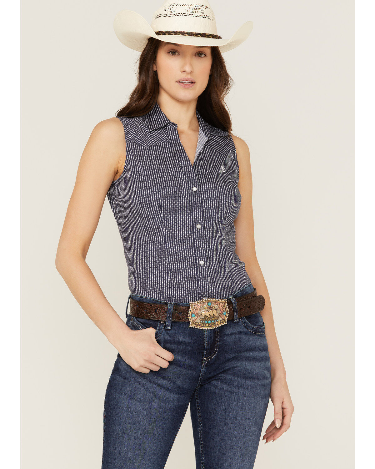 Image #1 - Roper Women's Amarillo Poplin Sleeveless Pearl Snap Western Shirt, , hi-res