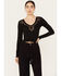 Shyanne Women's Long Sleeve Cutwork Front Tie Top, Black, hi-res