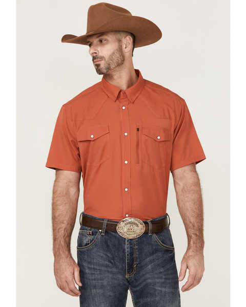 RANK 45® Men's 8 Seconds Short Sleeve Pearl Snap Western Tech Shirt , Medium Red, hi-res