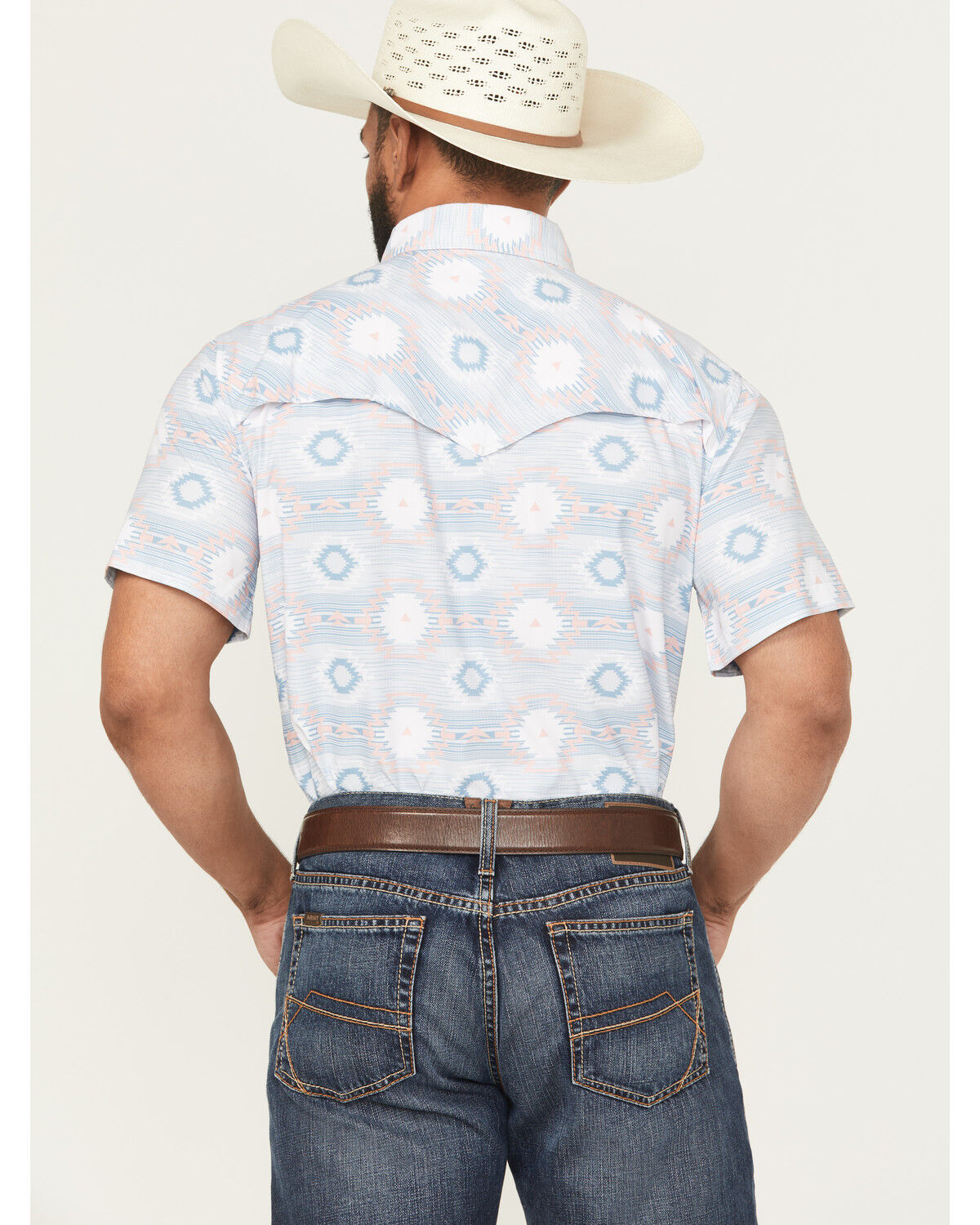 Image #4 - Rock & Roll Denim Men's Tek Southwestern Print Short Sleeve Snap Stretch Western Shirt, Light Blue, hi-res
