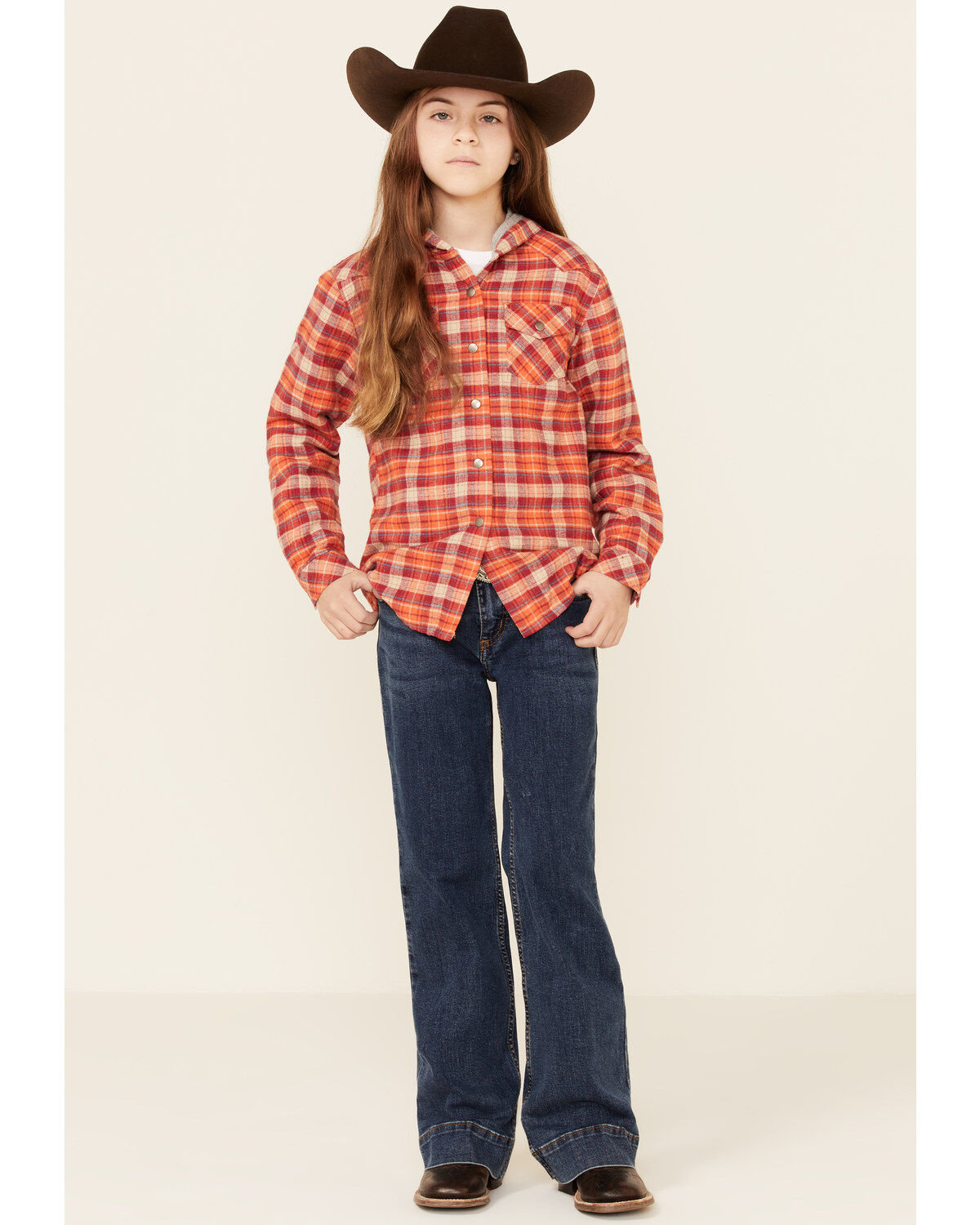 Image #2 - Roper Girls' Plaid Print Thermal Lined Snap-Front Hooded Shacket, Orange, hi-res