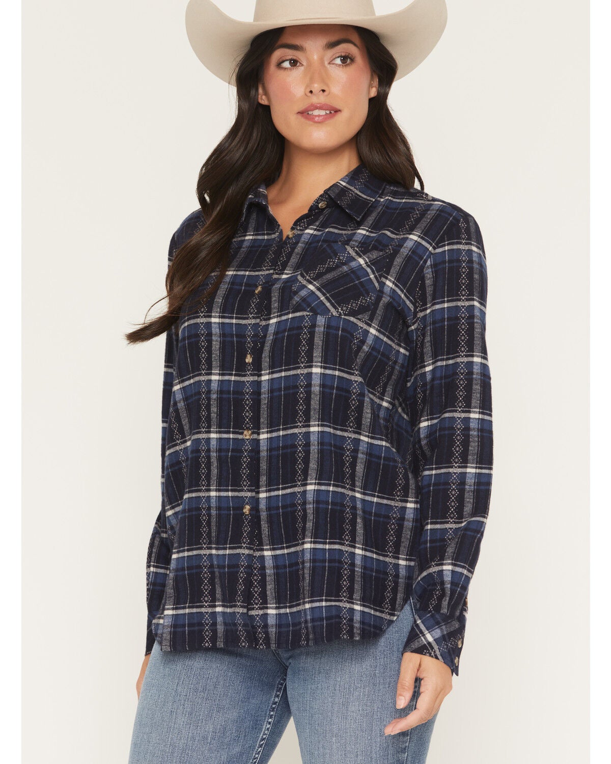 Shyanne Women's Riverfront Plaid Print Long Sleeve Button-Down Flannel Shirt, Navy, hi-res