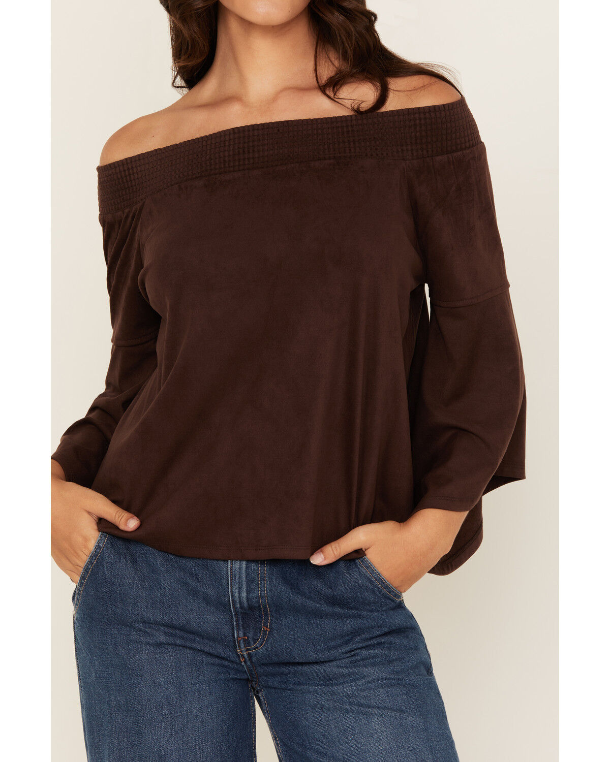 Image #3 - Shyanne Women's Solid Faux Suede Off The Shoulder Long Sleeve Shirt, Chocolate, hi-res