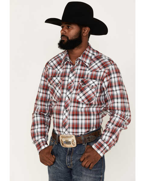Wrangler Retro Men's Plaid Print Long Sleeve Snap Western Shirt, Red, hi-res