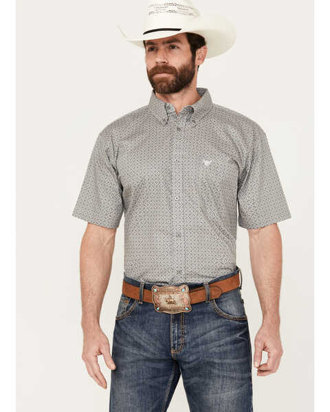 Cowboy Hardware Men's Circle Star Print Short Sleeve Button Down Shirt, Charcoal, hi-res