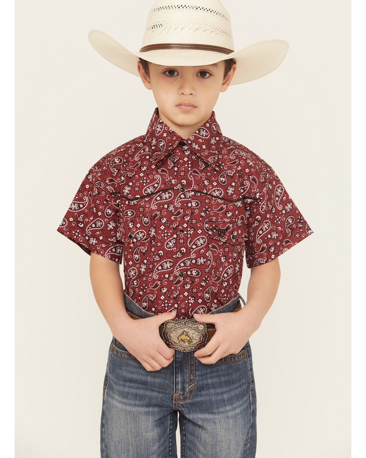 Cowboy Hardware Boys' Paisley Print Short Sleeve Snap Stretch Western Shirt, Red, hi-res