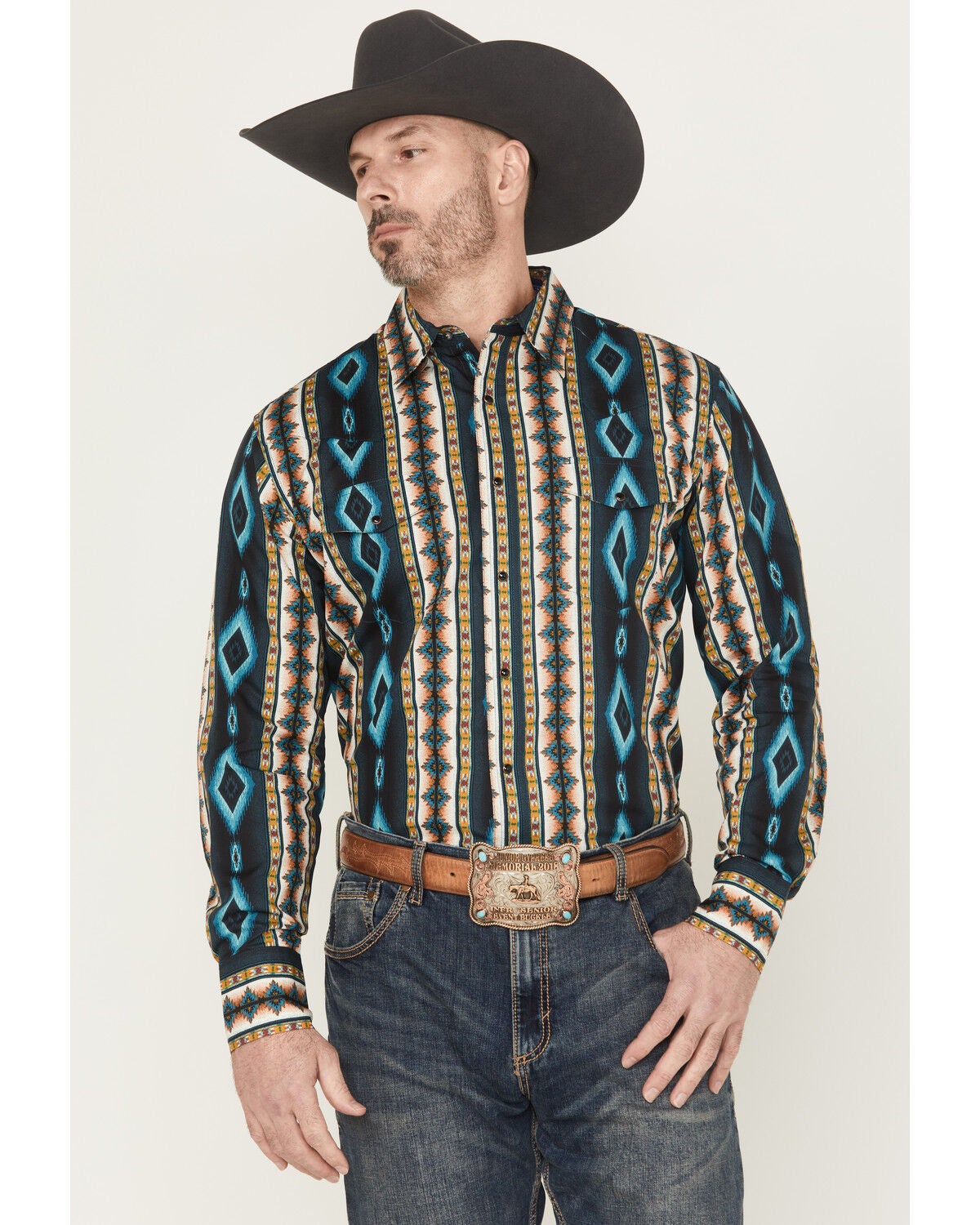 Wrangler Men's Checotah Southwestern Print Long Sleeve Snap Western Shirt, Teal, hi-res
