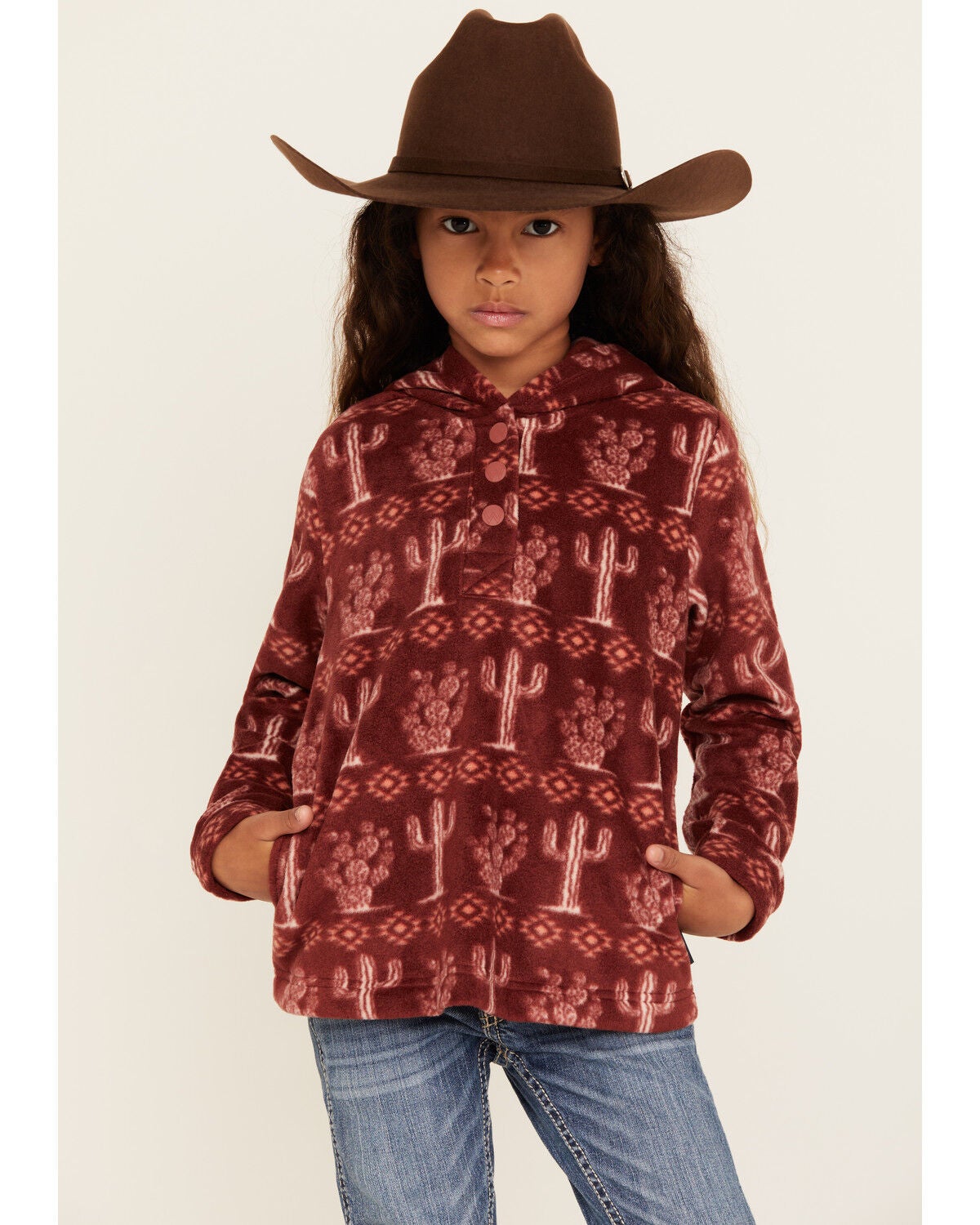 Wrangler Girls' Cacti Hooded Pullover, Rust Copper, hi-res