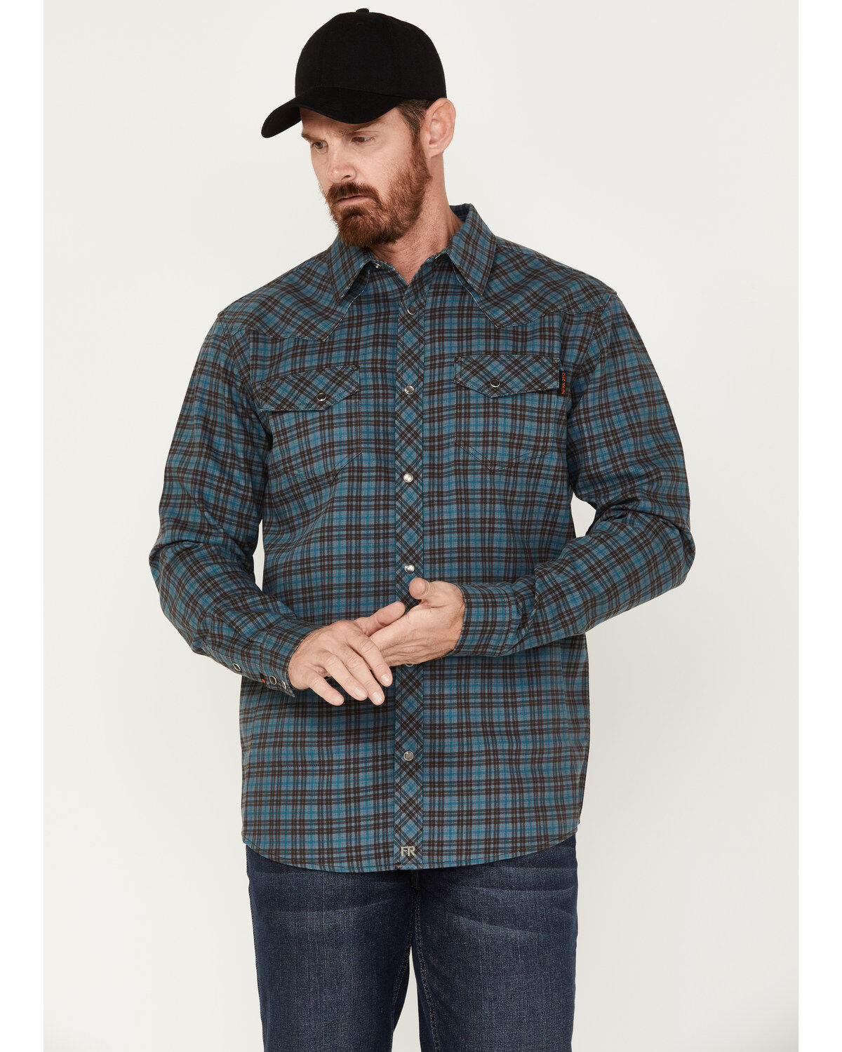 Image #1 - Cody James Men's FR Check Plaid Print Long Sleeve Pearl Snap Work Shirt, Teal, hi-res