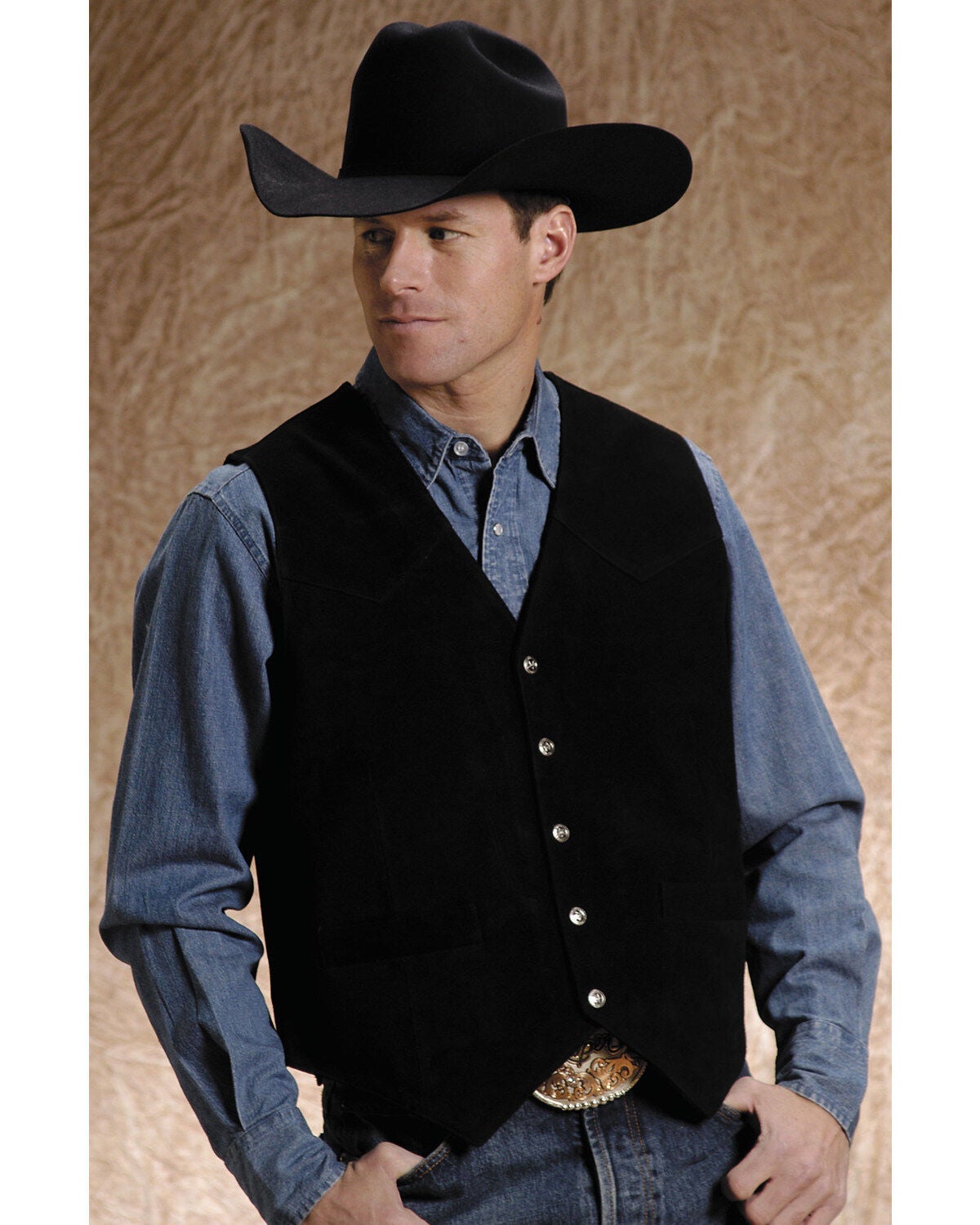 Roper Men's Suede Vest, Black, hi-res