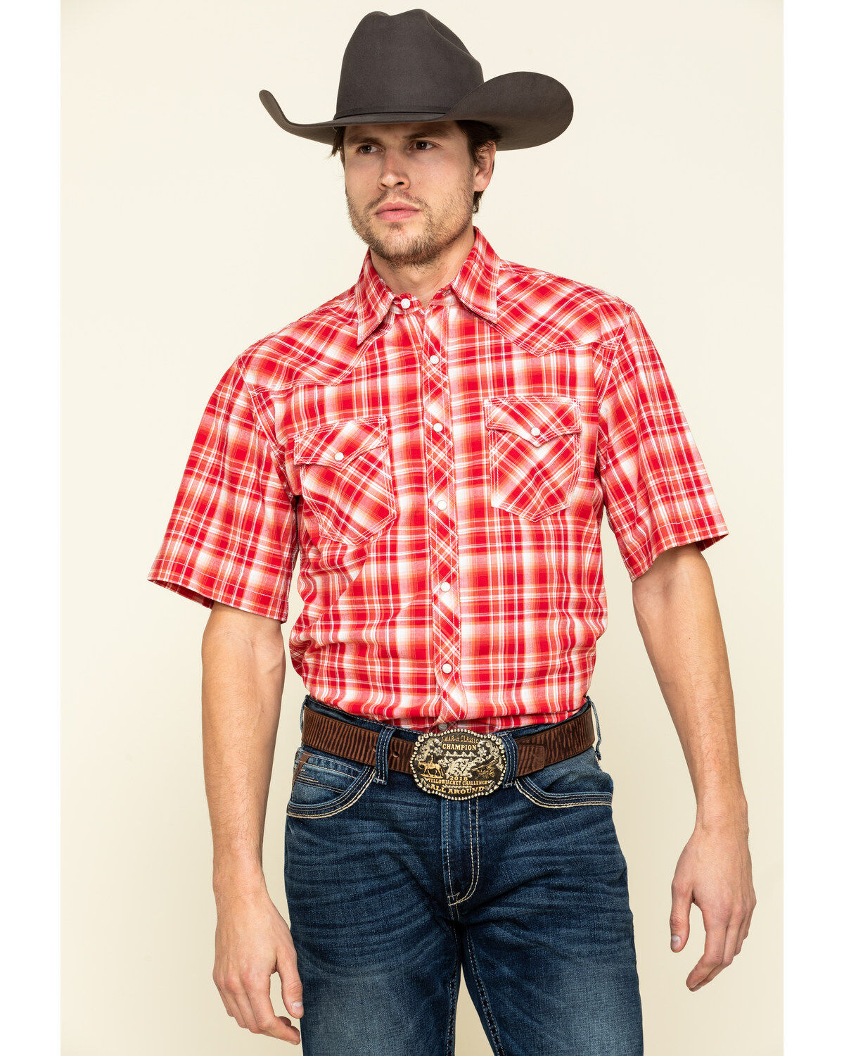 Image #1 - Wrangler 20X Men's Advanced Comfort Plaid Print Short Sleeve Western Shirt, , hi-res