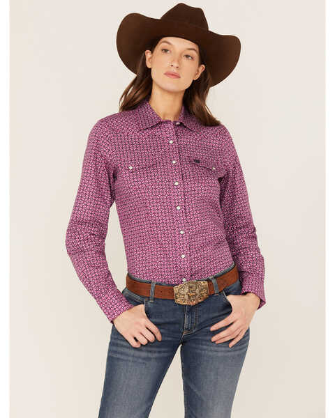 Cinch Women's Geo Print Long Sleeve Snap Western Shirt, Pink, hi-res