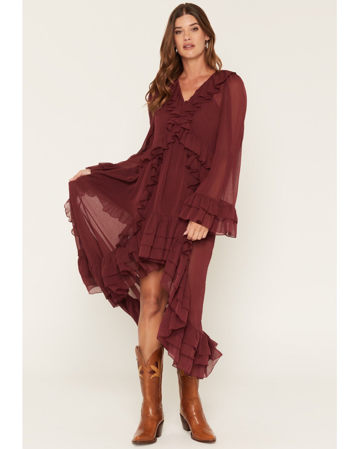 Show Me Your Mumu Women's Shiloh Long Sleeve Ruffle High-Low Maxi Dress, Burgundy, hi-res