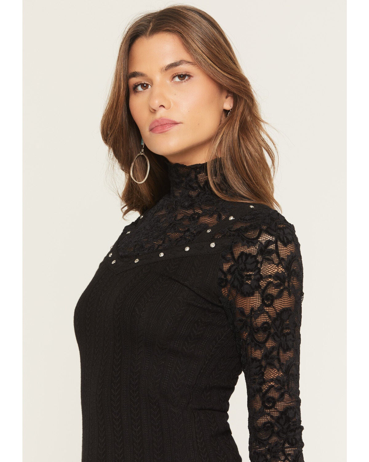 Miss Me Women's Mock Neck Lace Long Sleeve Top | Boot Barn