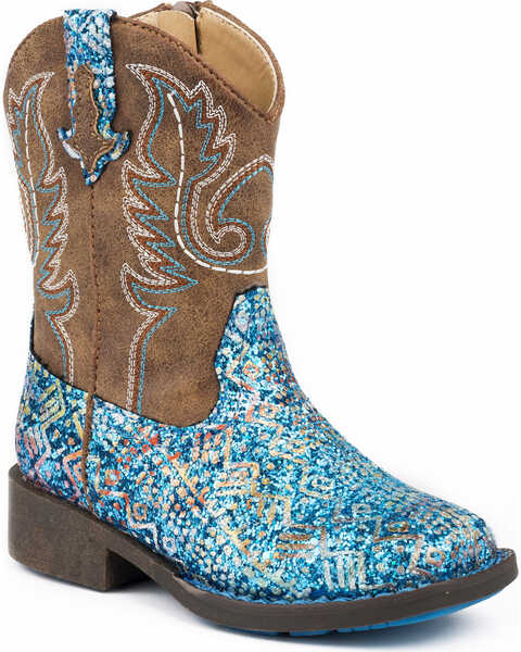 Roper Toddler Girls' Glitter Southwestern Cowgirl Boots - Square Toe, Blue, hi-res